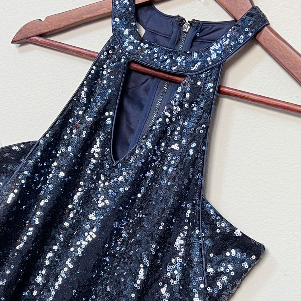 Lulu's Grandeur Navy Blue Sequin Cutout Swing Dress M Sparkly Bling Party $65 - Picture 7 of 16